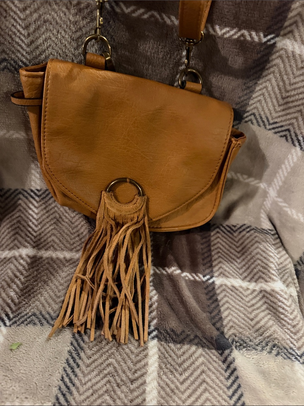 Mudd Tan Fringe Crossbody Bag with Ring Accent